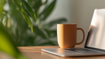 Poster - Eco-Chic Workspace Remote Work Laptop Setup with Houseplants and Coffee - Contemporary Home Office Design for Flexible Business Solutions and Digital Creatives