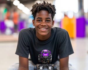 Leinwandbilder - Innovative STEM Learning Diverse Teen with Wheeled Robot in Vibrant Maker Space - Engaging Educational Content and Creative Skills Promotion