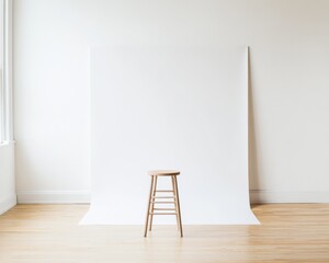 Contemporary Pop-Up Studio Minimalist Urban Micro Space with White Backdrop, Softbox Lighting and Wooden Stool - Innovative Single-Use for Fashion and Digital Marketing