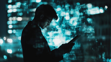 Silhouette Man Using Tablet Digital Code Night Cityscape Background Data Dark Blue Teal Glow Cyber  