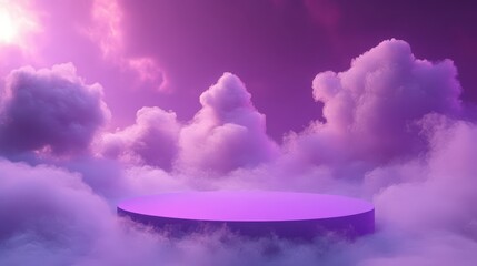 Wall Mural - Purple cloud smog float fog vapour stand podium product display air theme sky night fume smoke light feather violet pedestal place fashion and cosmetic skincare or beauty products. 3D Illustration.