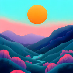 Wall Mural - A vibrant and colorful abstract landscape featuring a bold and striking sun in the sky