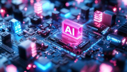 Futuristic Computer Circuit Board with Glowing AI Sign in a Technology Concept Featuring Neon Colors and Modern Electronic Components