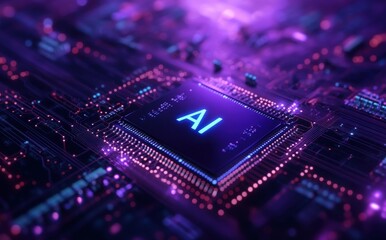 Wall Mural - futuristic digital circuit board design featuring ai technology with purple glow and abstract lighti