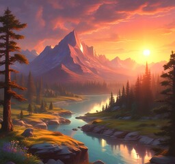 Illustration of fantasy scenic landscape.