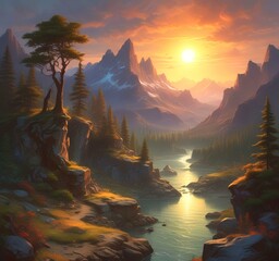 Illustration of fantasy scenic landscape.