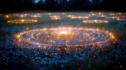Wall Mural - cosmic field: a surreal night scene of glowing spiral energy in a dark grassy field