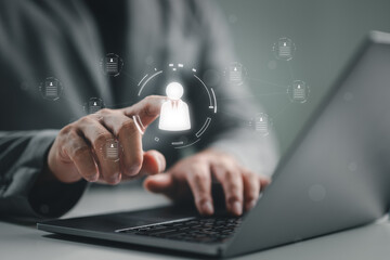 Poster - Customer Relationship Management, Businessman use computer with global structure customer network technology, Data exchanges development. customer service, social media. digital marketing online.