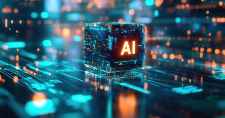 Wall Mural - futuristic digital cube with neon lights representing artificial intelligence in a high-tech circuit