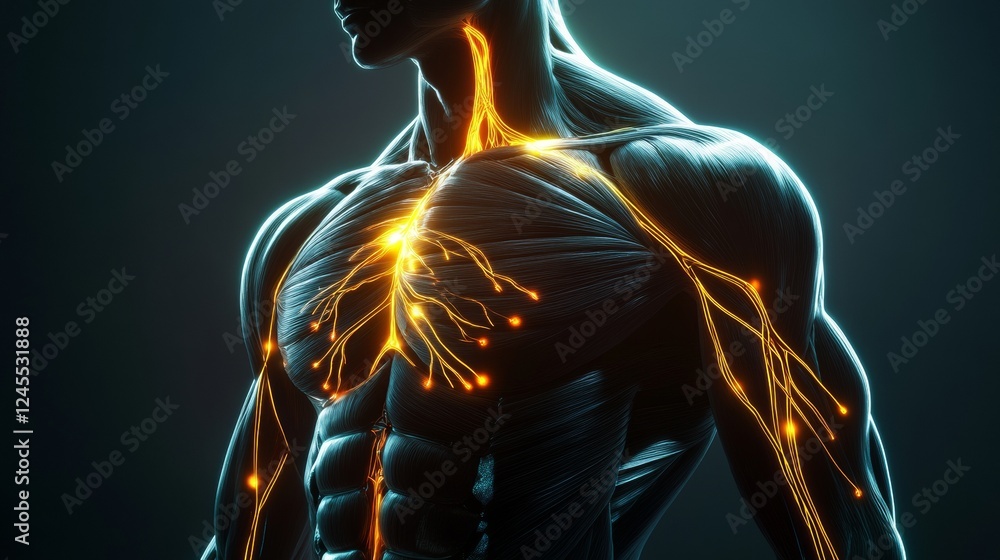 Upper arm anatomy showcase, glowing nerve connections, fit male torso ...