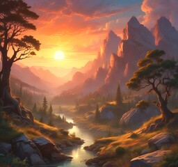 Illustration of fantasy scenic landscape.