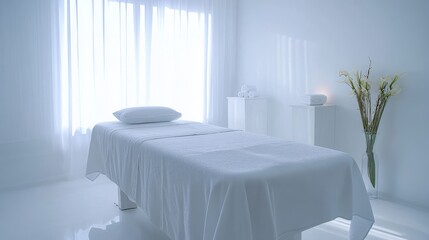 therapeutic massage treatment, bright white spa room, professional practitioner techniques, relaxed patient pose, soft natural lighting, medical wellness photography, pristine treatment table, gentle