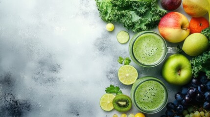 Glass jar mugs with green health smoothie, kale leaves, lime, apple, kiwi, grapes, banana, avocado, lettuce. Copy space. Raw, vegan, vegetarian, alkaline food concept. Banner.