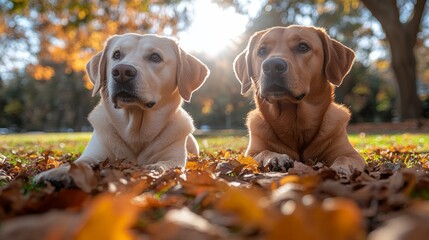 Aufkleber - Golden Hour: Two Labrador Retrievers Bask in Autumn's Embrace, a Stunning Display of Canine Companionship amidst Falling Leaves.