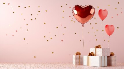 Wall Mural - Heart-Shaped Balloons and Gifts for a Joyful Valentine's Day Celebration