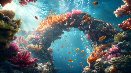 Wall Mural - Vibrant coral reef teeming with diverse aquatic life in the tropical underwater world  Colorful coral formations and sea creatures swimming in the clear blue ocean