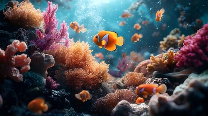 Wall Mural - Vibrant and Diverse Underwater Coral Reef Ecosystem Filled with Captivating Clownfish and Other Tropical Marine Life