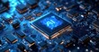 © ANUAR - Futuristic microprocessor with AI technology symbol glowing on circuit board surrounded by electronic components and blue lights in a modern digital environment