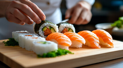 Poster -  dynamic kitchen scene with chef making sushi