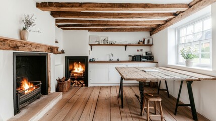 Wall Mural - Cozy Rustic Kitchen with Wooden Beams and Charming Fireplace Ambiance