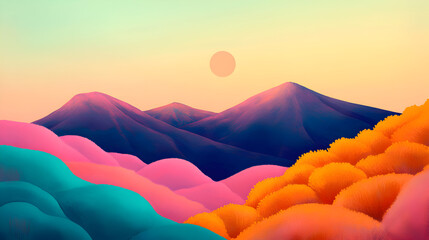 Wall Mural - A collection of vibrant abstract dunes set beneath a beautifully colorful sky at sunset