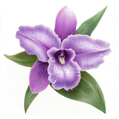 Canvas Print - A delicate purple orchid flower with detailed petals and green leaves, showcased on white