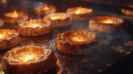 Delicious flaming tartlets baking in a hot oven with a golden crust