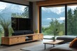© JIALU - Modern oak TV unit with black frame, two drawers, and one door, designed for large-screen TVs up to 50 inches. Contemporary wooden structure with a natural look, placed in a living room setting.