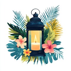 Sticker - A minimalistic design featuring a single colorful lantern surrounded by tropical leaves and flowers, white background