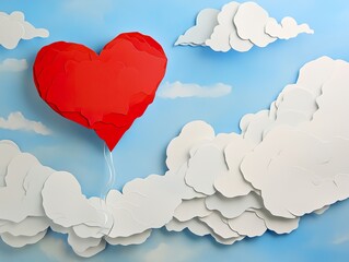 Wall Mural - Happy Valentine's Day paper art with heart balloon in sky