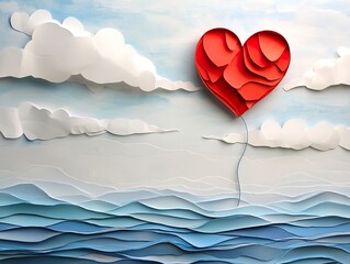 Wall Mural - Happy Valentine's Day paper art with heart balloon in sky