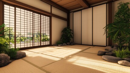 Wall Mural - Serene Japanese Interior with Shoji Screens and Natural Elements