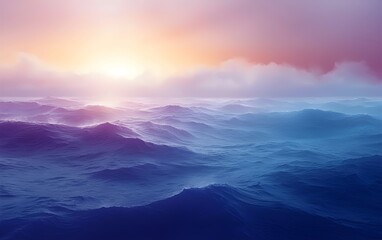 Wall Mural - A stunning seascape featuring tranquil waves under a pastel-colored sky at sunrise. The deep blue and purple hues create a serene and calming atmosphere.