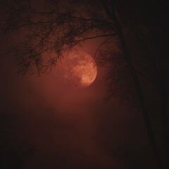 Wall Mural - Full moon illuminated through tree branches with swirling mist background at night sky