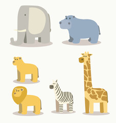  african animals cartoon characters flat cute illustration isolated on white background. Elephant, hippo, lion, zebra horse, giraffe.