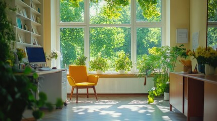 Poster - Sunny office with plants, bookshelves, and yellow armchair.