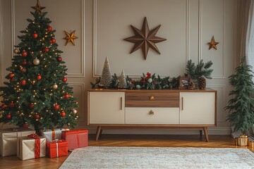 Wall Mural - Stylish Christmas tree with colorful lights and red ornaments, surrounded by wrapped gifts in a festive living room with wooden furniture and star decorations.