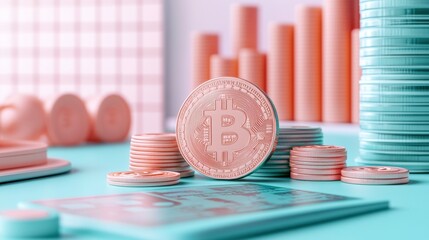 Wall Mural - a modern digital currency scene featuring stacks of coins and bar graphs, illustrating finance and i