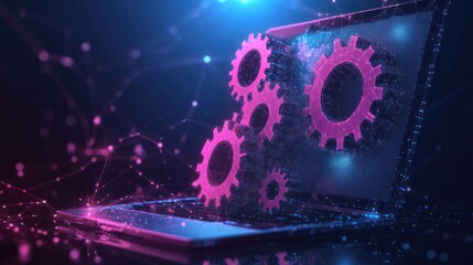 Glowing gears on laptop, digital technology concept.