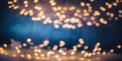  String of golden fairy lights in a bokeh style, glowing softly against a deep navy-blue background. Scattered lights form a natural pattern, creating a warm, celebratory, and atmospheric mood
