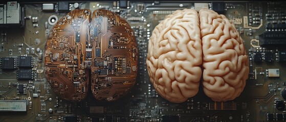 Fototapete - Human brain and computer chip