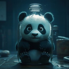 Wall Mural - Cute panda with expressive eyes trapped inside a clear glass bottle set against a dark ocean background Detailed textures and realistic lighting create a surreal cinematic atmosphere