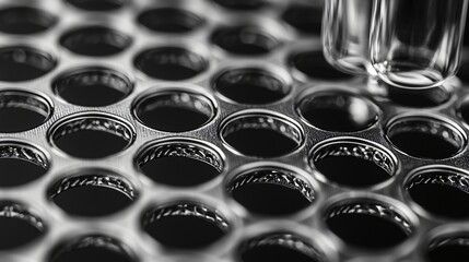 Close-up lab sample grid, liquid dropping, science research