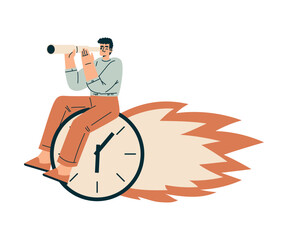 Aufkleber - Time Management with Man Character on Clock Dial with Flame Look in Telescope Organizing Efficient Business Process Vector Illustration