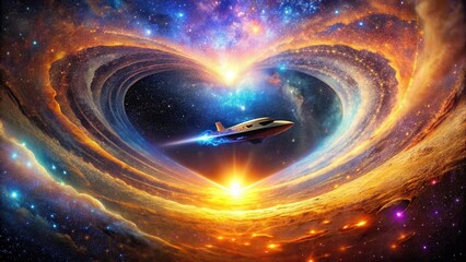 Wall Mural - A Futuristic Spaceship Soars Through a Heart-Shaped Nebula, a Cosmic Journey Towards a Radiant Sunrise