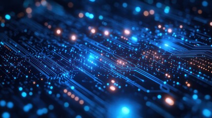 Futuristic digital circuit board glowing, data flow, abstract background, tech concept
