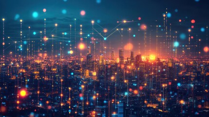 Wall Mural - night city digital network connection futuristic cityscape