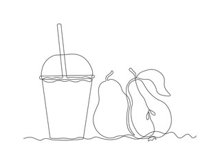 abstract pear fruit juice glass with lid and straw, continuous single one line art hand drawing sketch logo