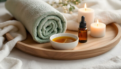 Relaxing Spa Tray with Candles, Oil, and Soft Towels. A wooden tray, perfect for spa treatments, holds a soft sage-green towel, a small bowl of golden oil, an amber dropper bottle, and two white candl