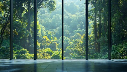 a serene virtual background of a nature-inspired workspace with a view of a dense forest through lar